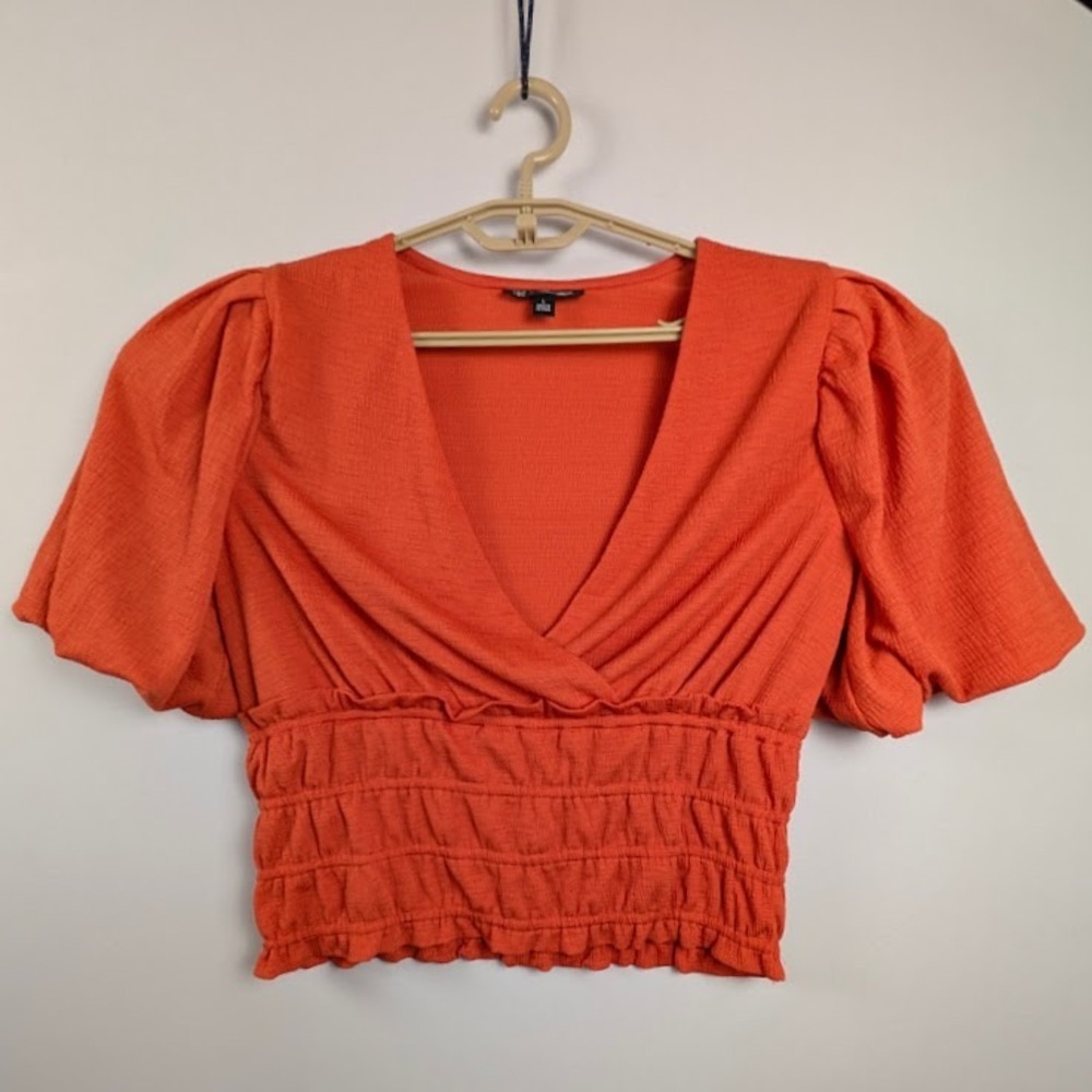 INC Smocked Waist‎ Top Women Large Orange Puff Sleeve V-Neck Cropped Boho